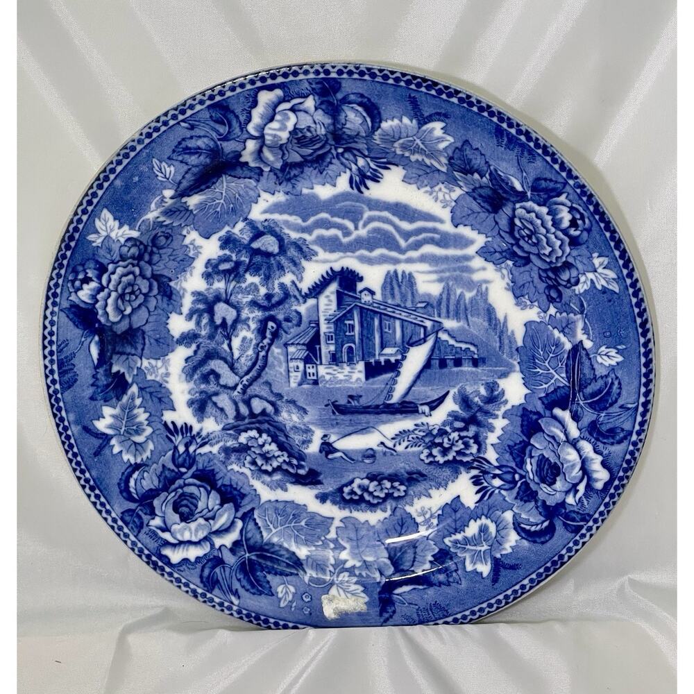 Lovely Antique Wedgwood 'Landscape' Blue Rose Border' Plate C 1889+